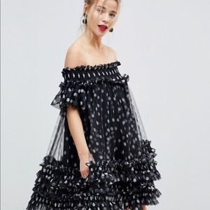 ASOS Bardot Tulle Ruched Mini Polka Dot Dress